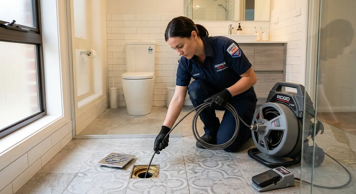 Technician clearing a bathroom floor drain for Hydro Jetting in Mission Viejo